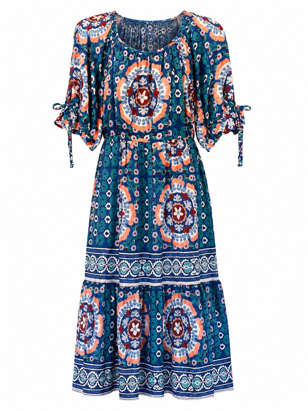 Fig & Flower Blue Boho Medallion Print Puff Sleeve Midi Dress Size L